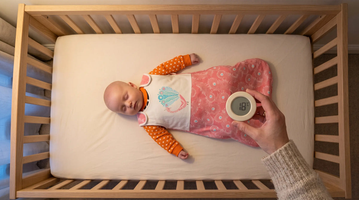 Baby asleep on their back in a clear cot wearing an organic cotton sleepsuit and peacock print sleeping bag