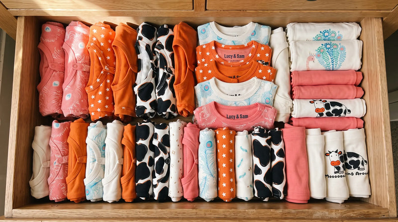 organic cotton baby capsule wardrobe folded in a coordinated palette