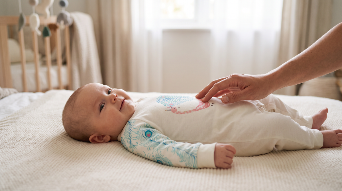 Baby lying on a soft cotton blanket wearing the Born to Stand Out organic cotton playsuit