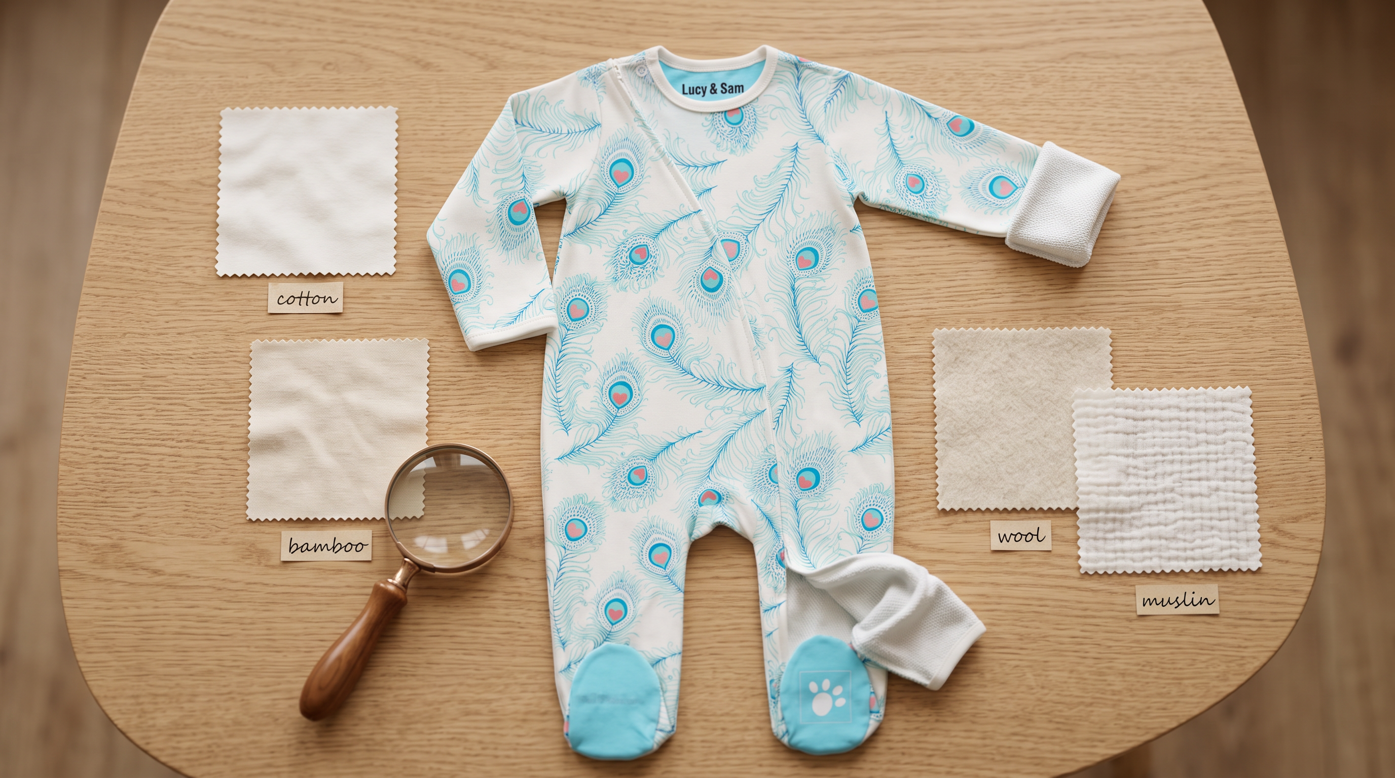 Peacock zip babygrow in organic cotton jersey beside cotton, bamboo, wool and muslin fabric swatches