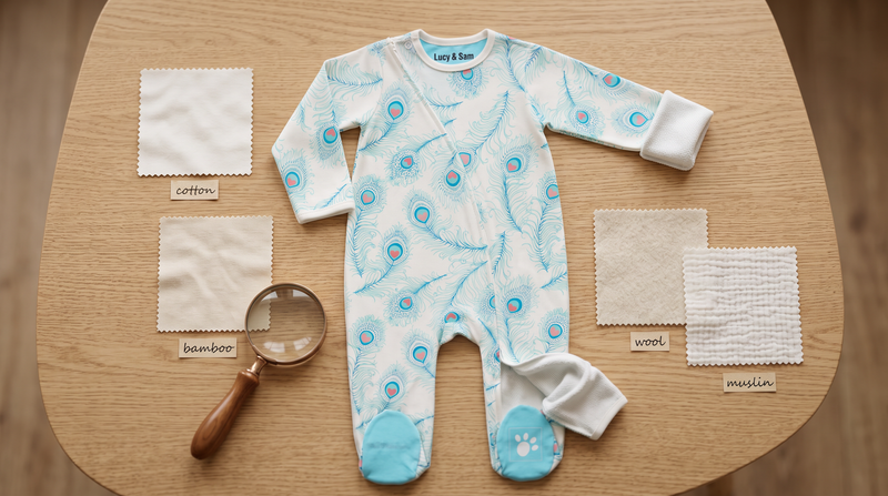 Peacock zip babygrow in organic cotton jersey beside cotton, bamboo, wool and muslin fabric swatches