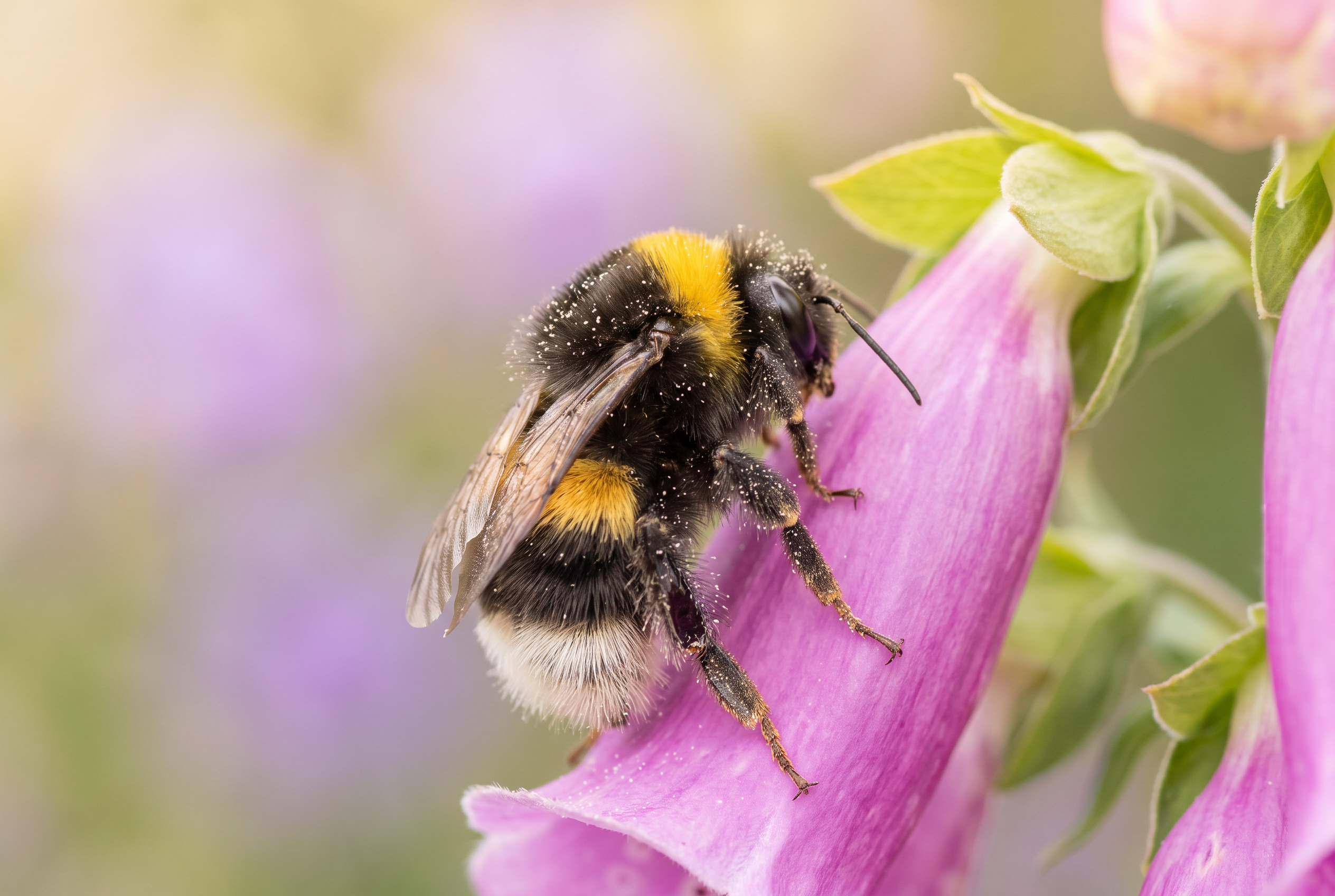 Bumblebee collecting pollen from a pink foxglove flower in an English cottage garden