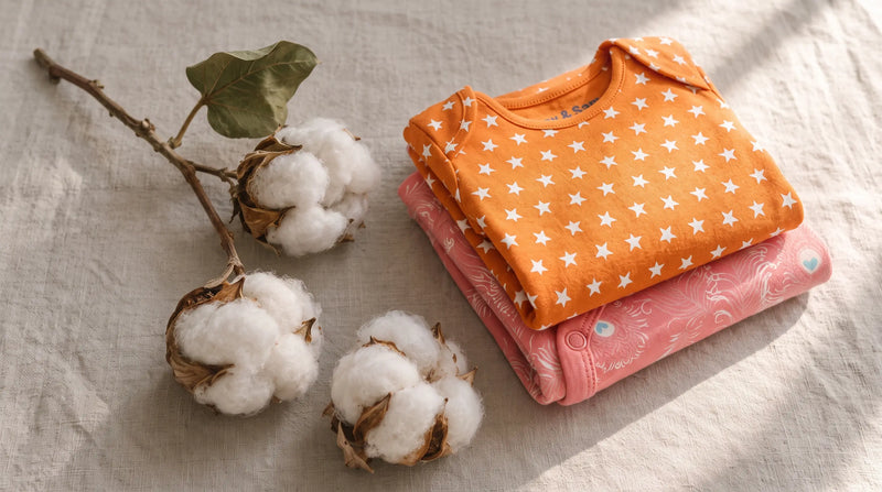 organic cotton fabric beside folded organic cotton baby clothing