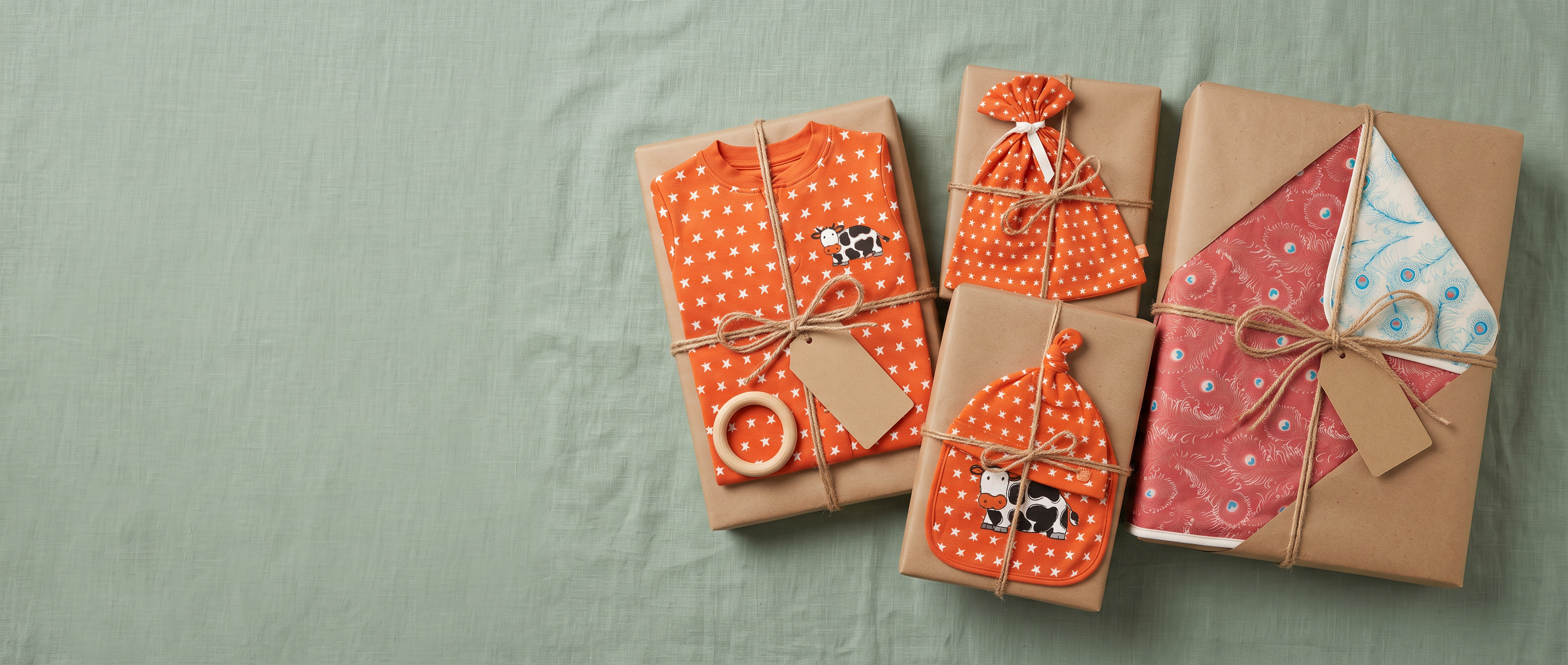 Pumpkin Star baby bundle and Peacock reversible blanket wrapped as gender neutral baby gifts