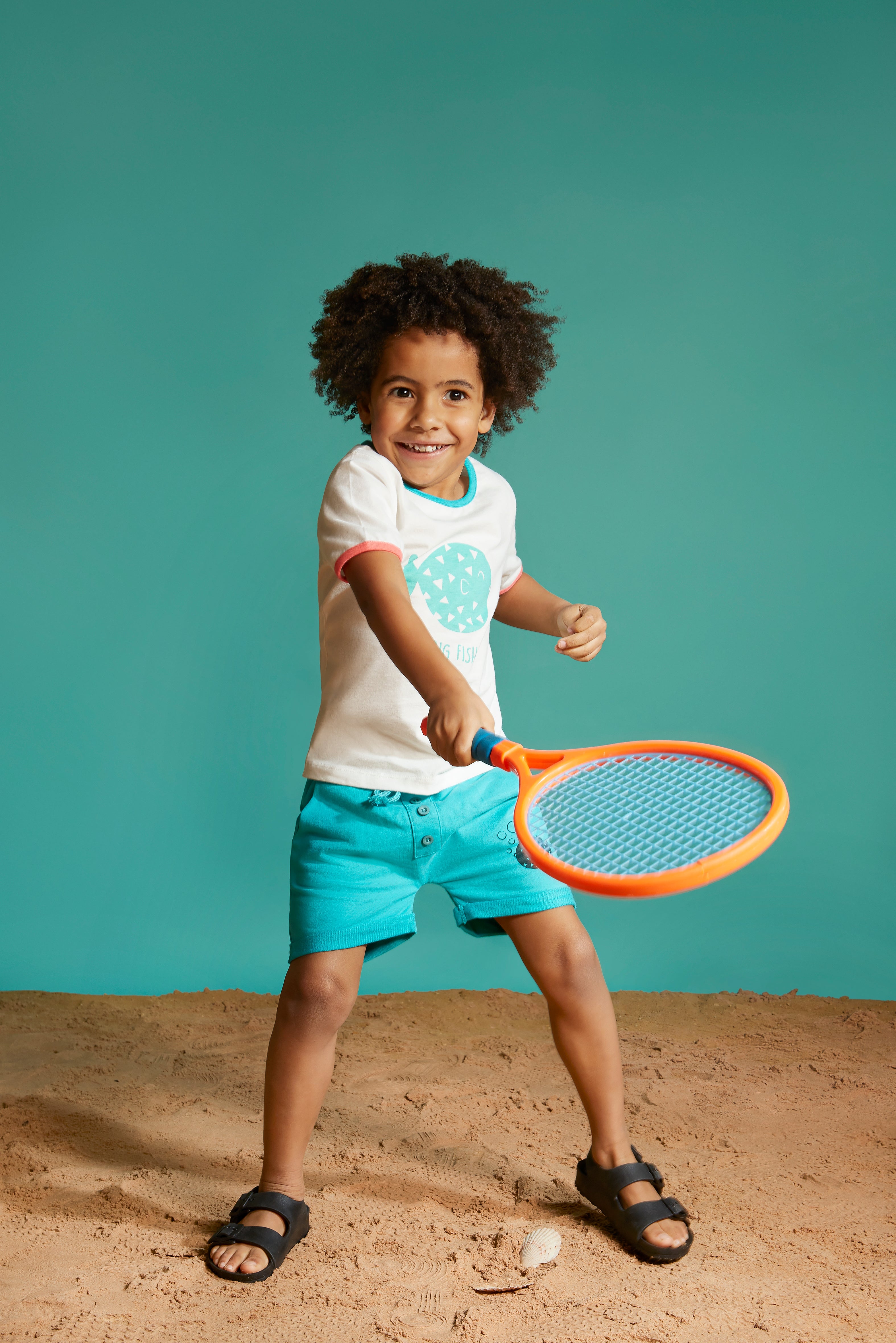 Lucy & Sam White and turqoise pufferfish t shirt and shorts