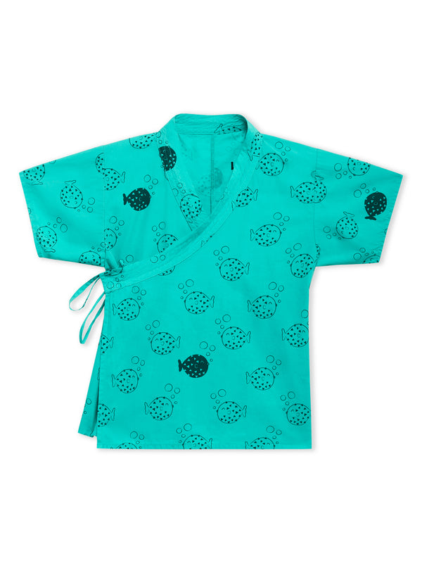 Lucy & Sam Turqoise baby and kids pufferfish organic  kimono and shorts set