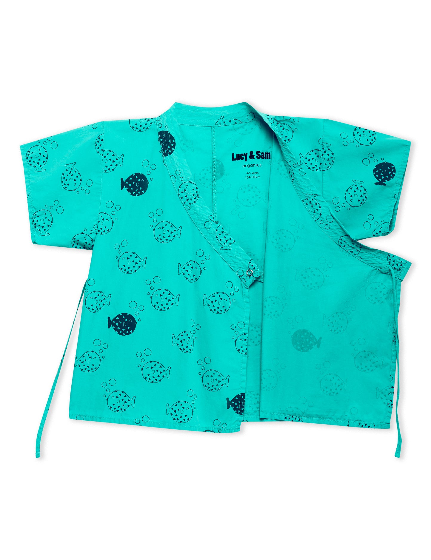 Lucy & Sam Turqoise baby and kids pufferfish organic  kimono and shorts set
