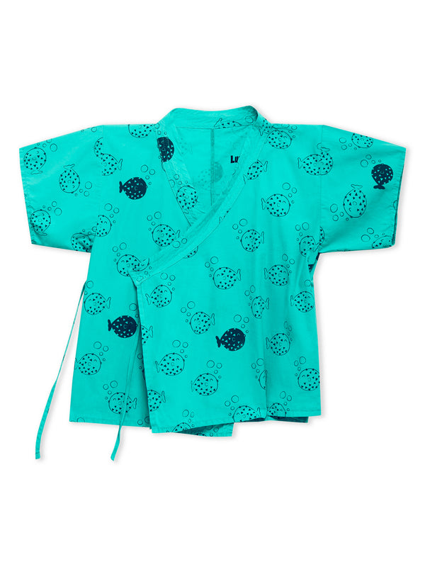 Lucy & Sam Turqoise baby and kids pufferfish organic  kimono and shorts set