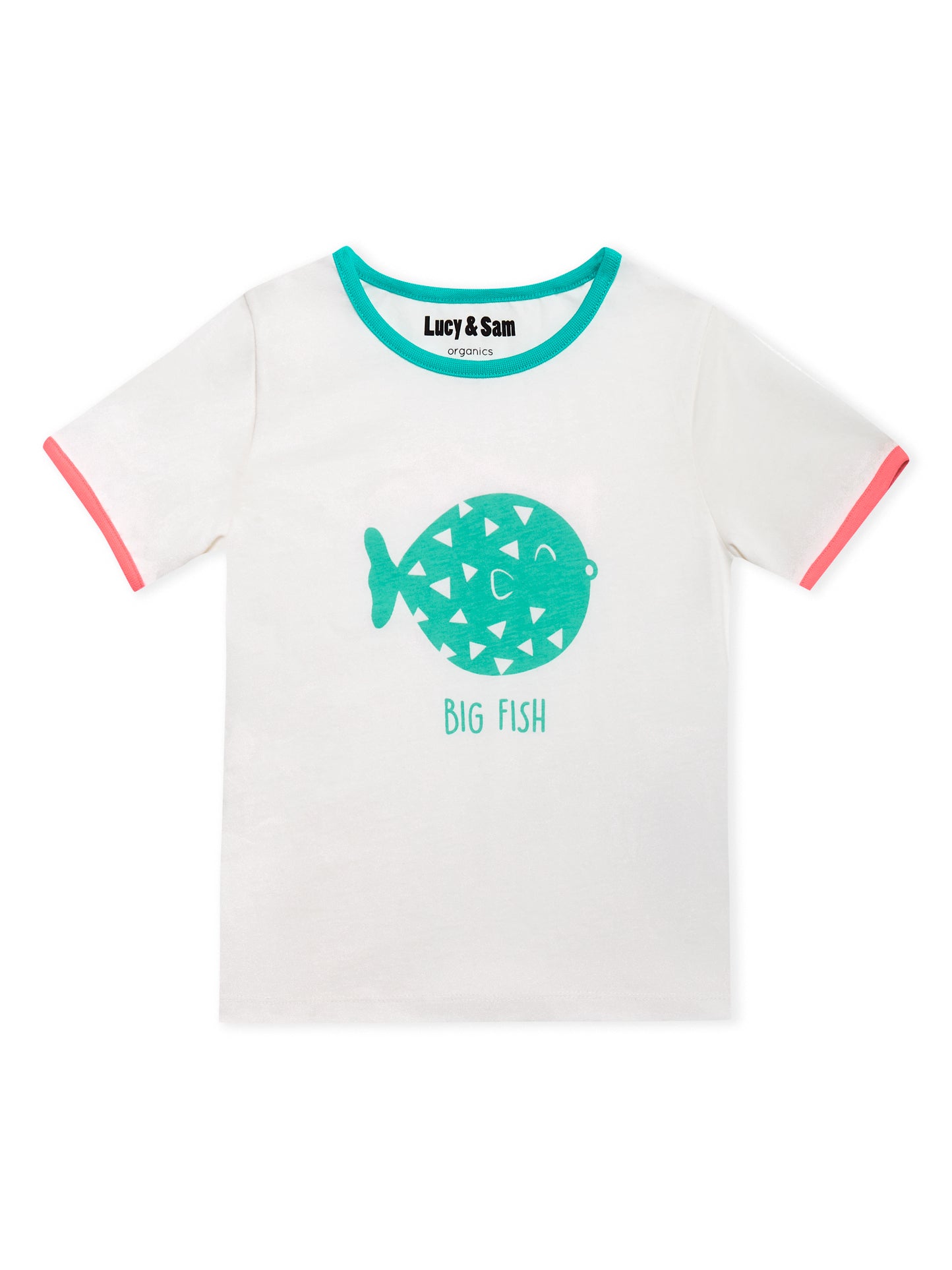 Lucy & Sam White and turqoise pufferfish t shirt and shorts