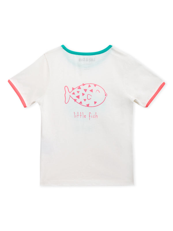 Lucy & Sam White and turqoise pufferfish t shirt and shorts