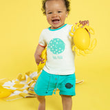 Lucy & Sam White and turqoise pufferfish t shirt and shorts