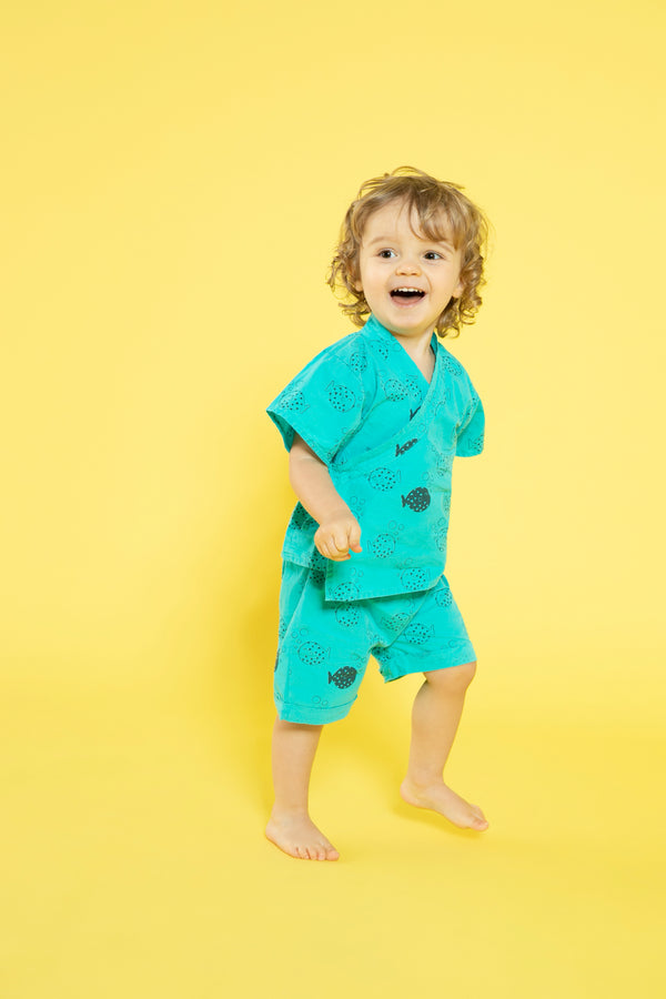 Lucy & Sam Turqoise baby and kids pufferfish organic  kimono and shorts set