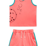 Lucy & Sam Coral and turqoise baby and kids organic vest and shorts