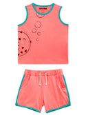 Lucy & Sam Coral and turqoise baby and kids organic vest and shorts