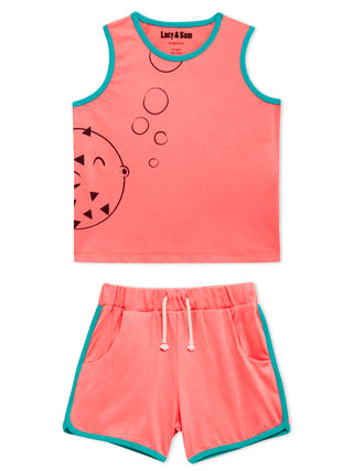 Lucy & Sam Coral and turqoise baby and kids organic vest and shorts