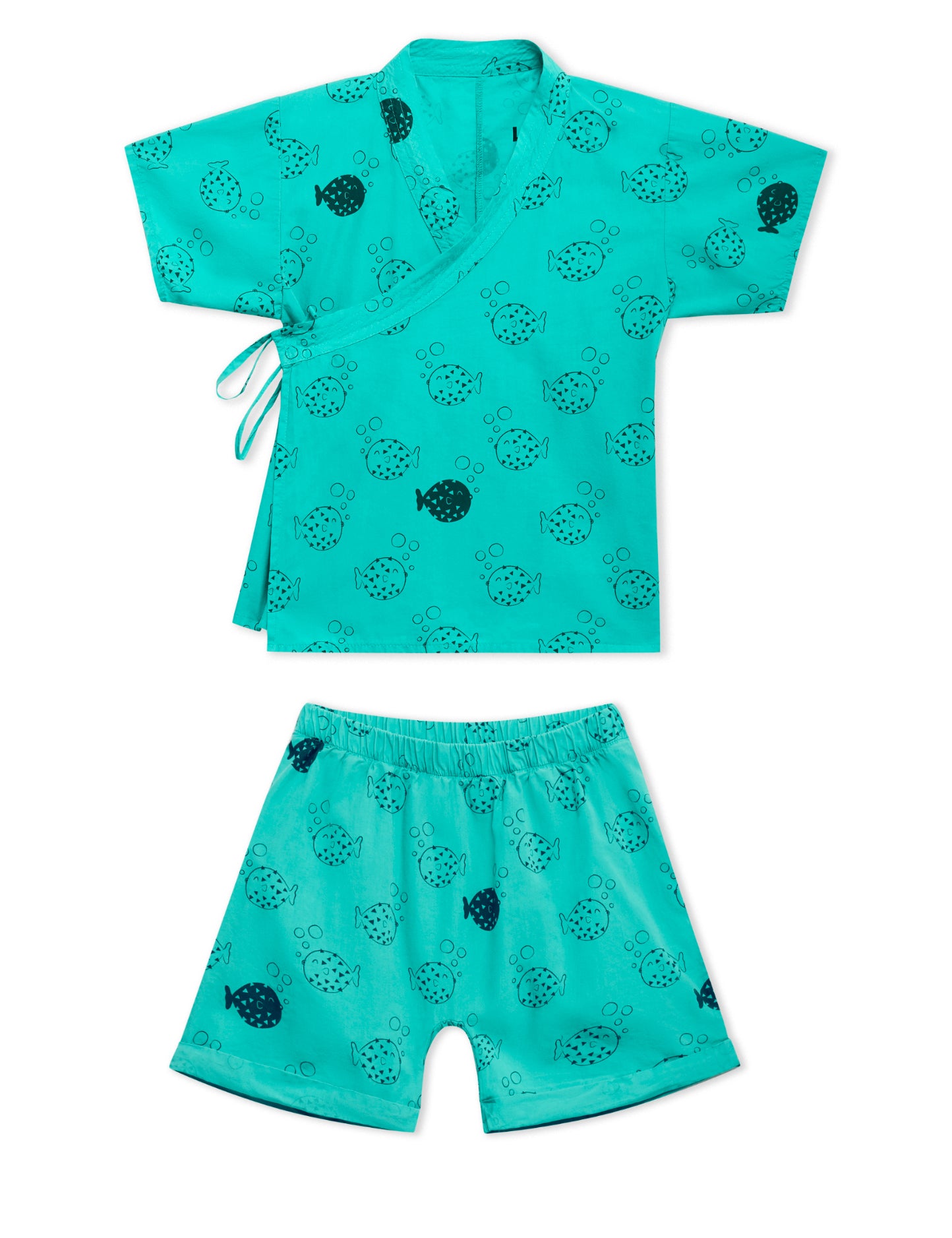 Lucy & Sam Turqoise baby and kids pufferfish organic  kimono and shorts set