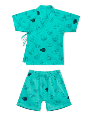 Turquoise Fugu Kimono Short Set