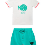 Lucy & Sam White and turqoise pufferfish t shirt and shorts