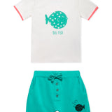 Lucy & Sam White and turqoise pufferfish t shirt and shorts