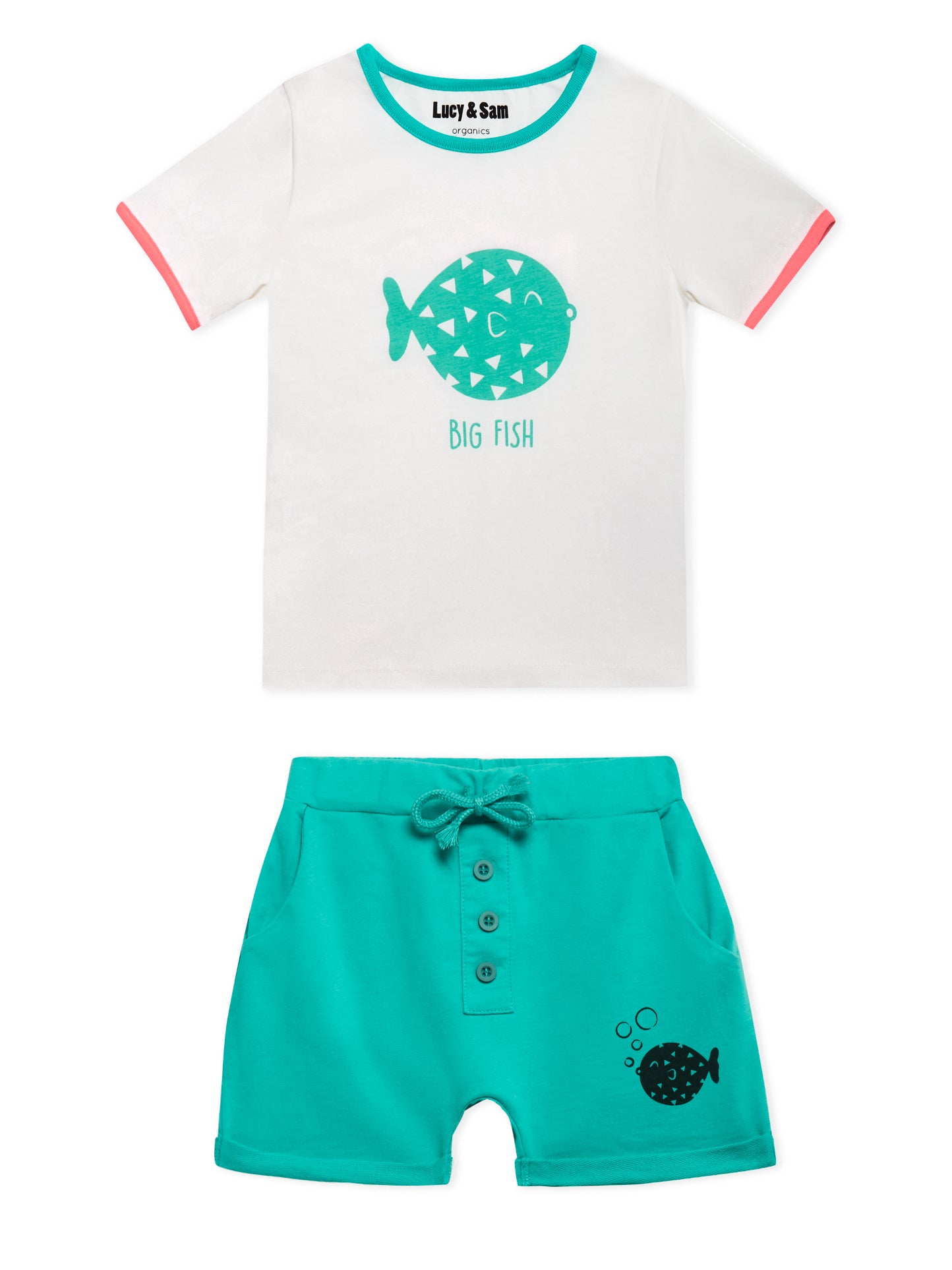 Lucy & Sam White and turqoise pufferfish t shirt and shorts
