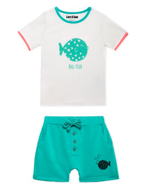 Lucy & Sam White and turqoise pufferfish t shirt and shorts